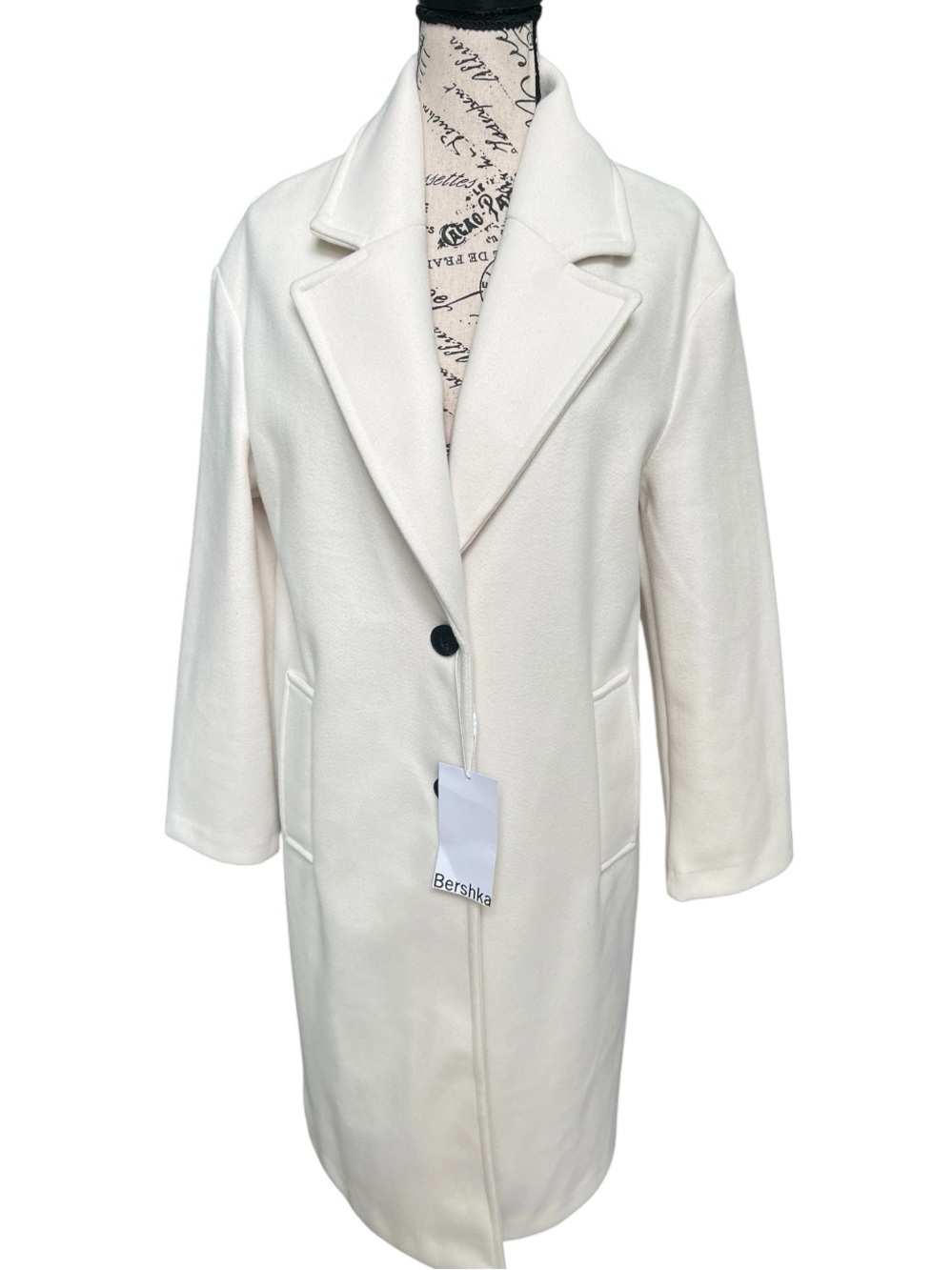 Bershka Cream Single-Button Long Notch Lapel Coat